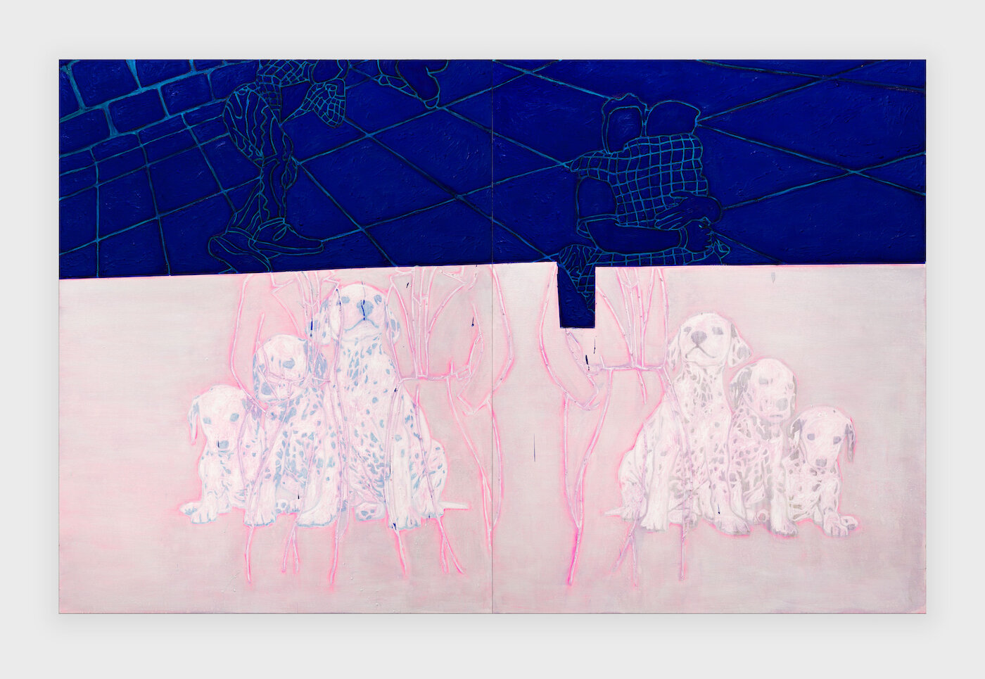 Christoph Matthes, <i>Invigorating Envy (Die Nacht gehört uns bis zum Morgen)</i>, 2024. Ballpen, rabbitskinglue, pigments, shellac and oil on canvas diptych, 90 1/2 x 141 3/4 in (230 x 360 cm)